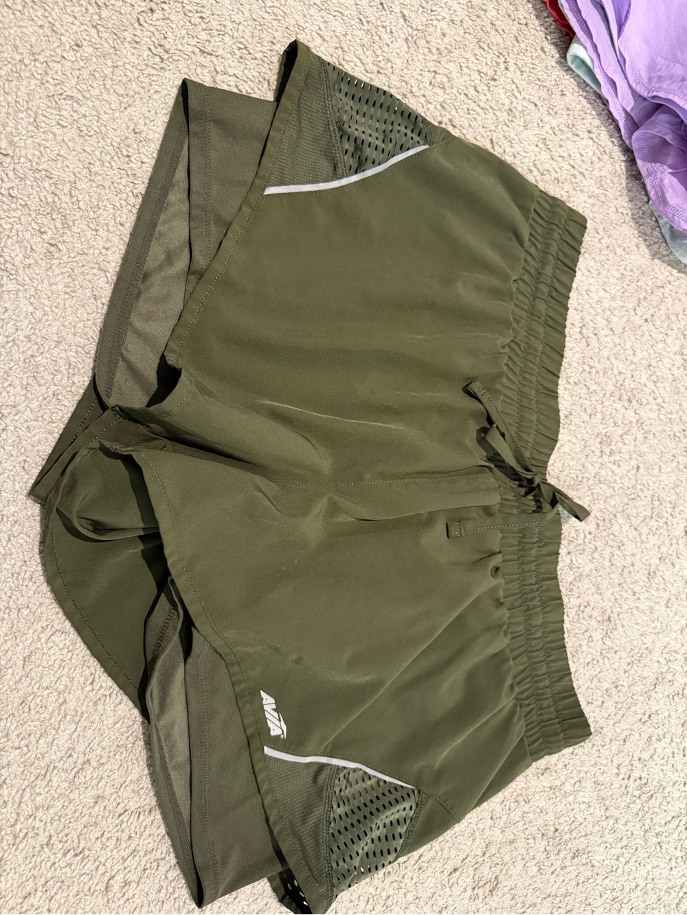 Avia Olive Green Women's Athletic Running Shorts with Mesh Panels